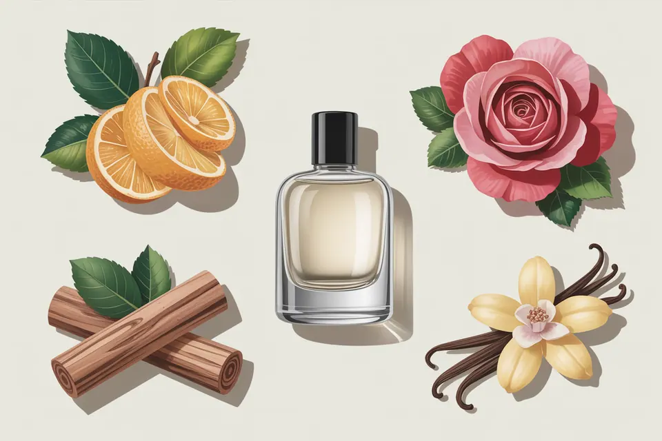 A perfume bottle surrounded by citrus, a rose, wood pieces and a vanilla flower.