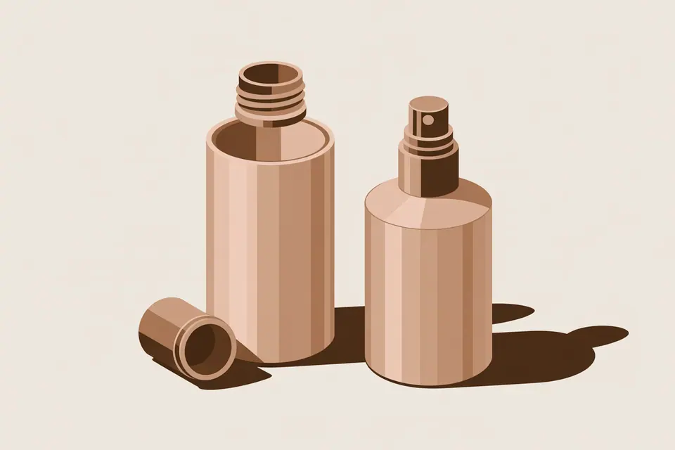 An open peach-colored bottle with its cap beside a matching spray bottle.