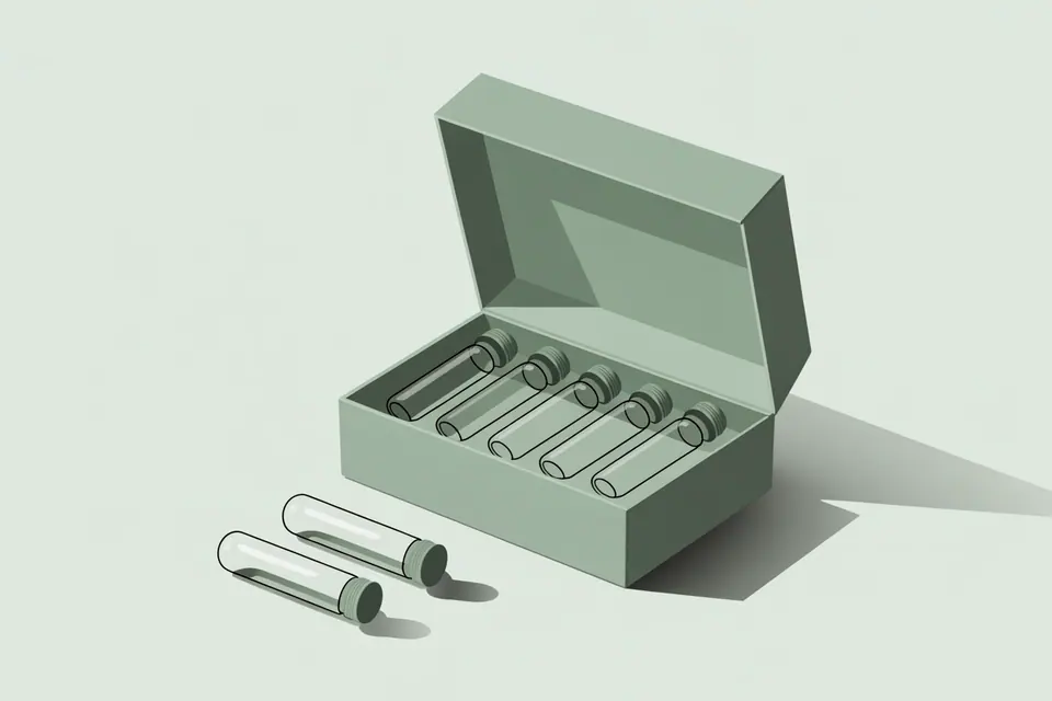 An open green box holding glass sample vials, with loose vials beside it.