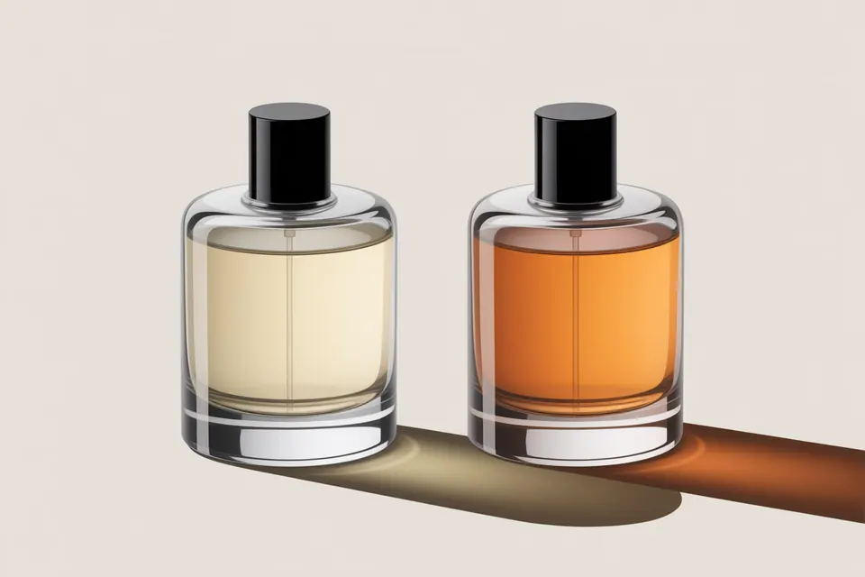 Matching glass perfume bottles containing pale yellow and amber-colored liquid.