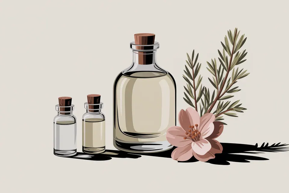 Small sample bottles beside a larger perfume bottle, a flower and leafy sprigs.