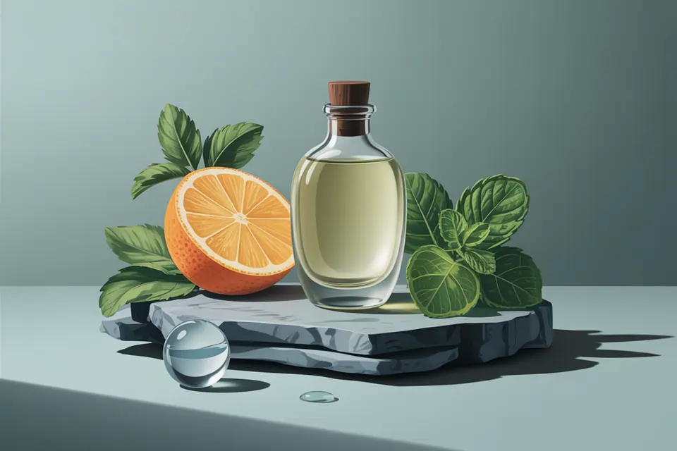 A pale green perfume bottle beside sliced citrus and leaves on a stone slab.