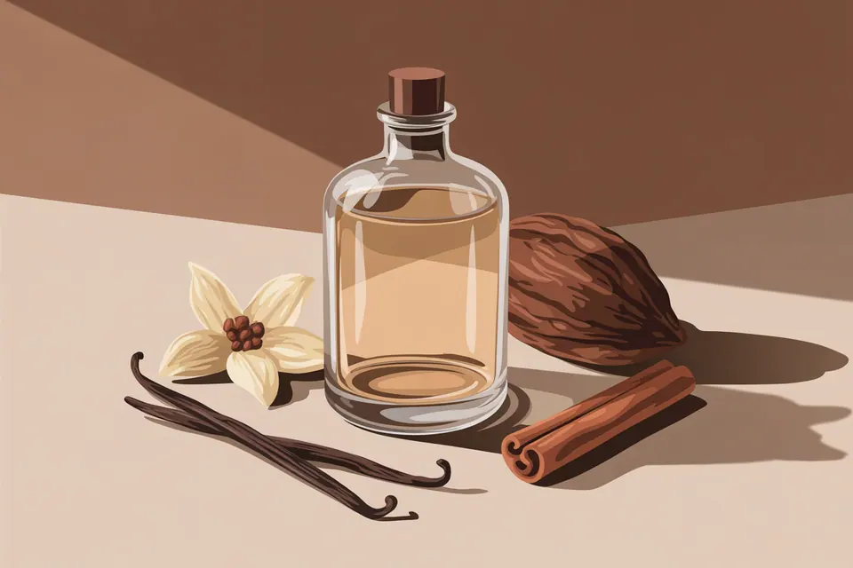A perfume bottle beside vanilla pods, a pale flower, cinnamon sticks and a brown pod.