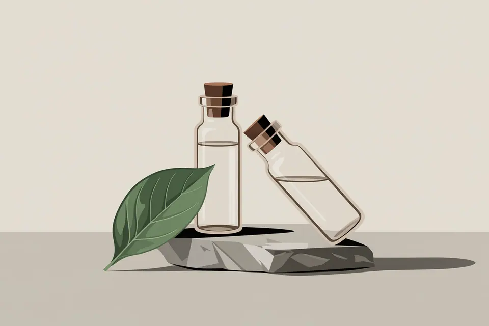 Clear sample bottles beside a green leaf on a small stone slab.
