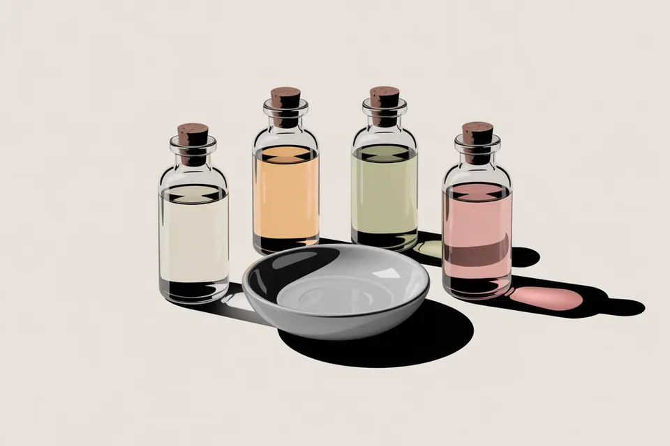 Glass sample bottles containing different pale colors beside a shallow dish.