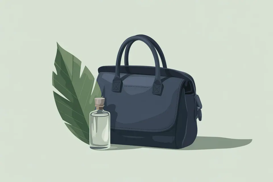 A small perfume bottle beside a navy handbag and a green leaf.