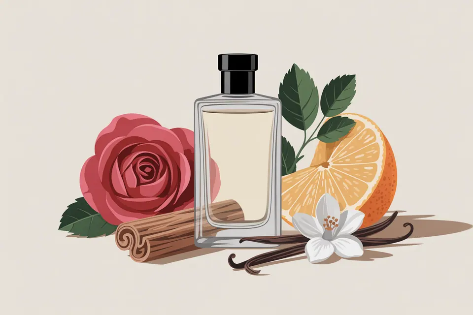 A perfume bottle surrounded by a rose, sliced citrus, leaves, flowers and spice sticks.