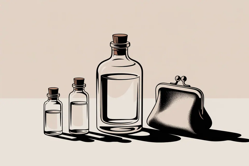 Small glass bottles and a larger bottle beside a clasp coin purse.