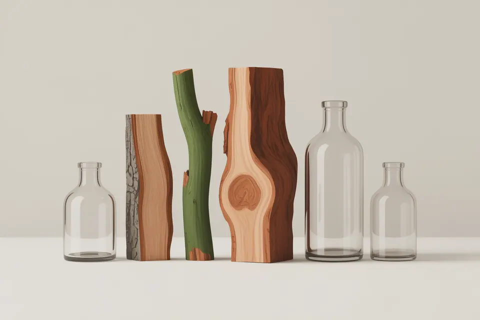 Clear perfume bottles arranged among upright pieces of wood with visible grain.