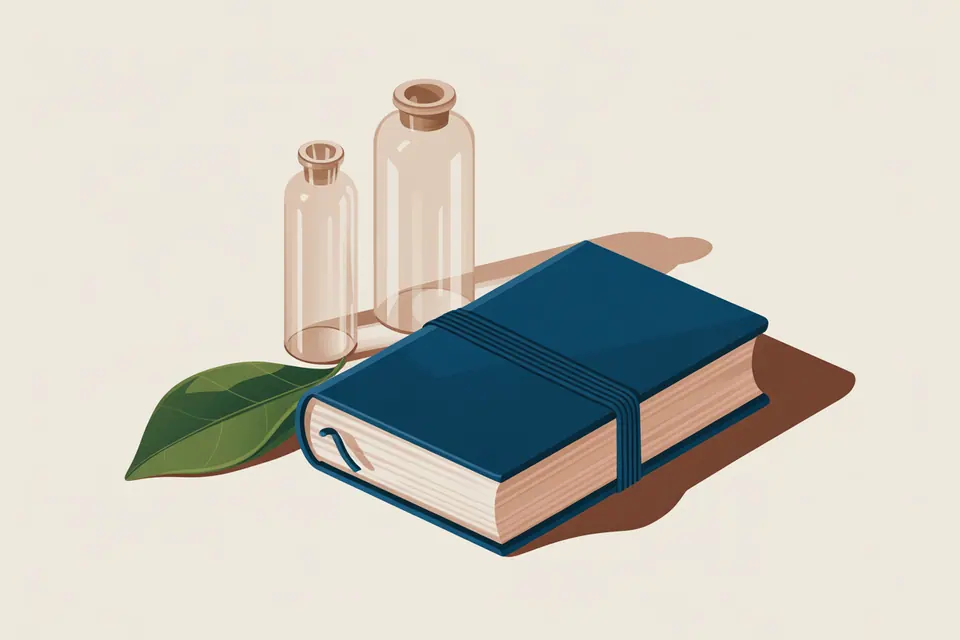 A closed blue notebook beside glass bottles and a green leaf.