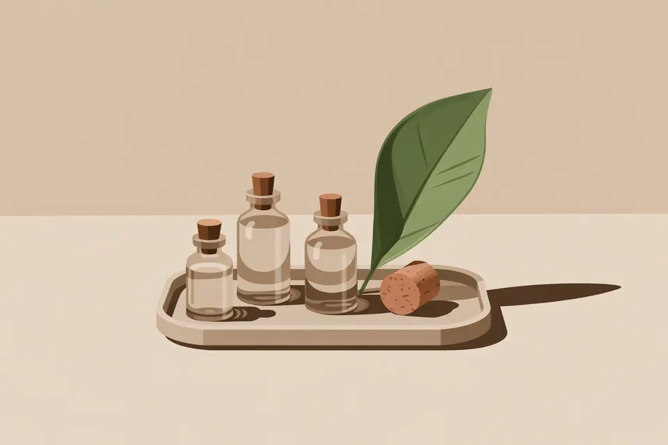 Sample bottles, a loose stopper and a green leaf arranged on a shallow tray.
