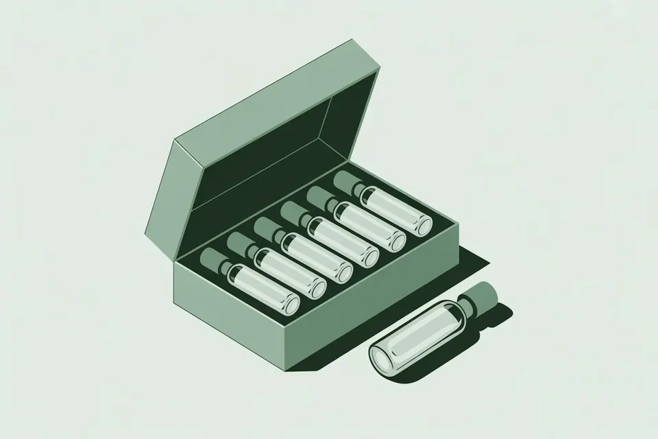 Glass sample vials arranged in an open dark green box, with a vial beside it.