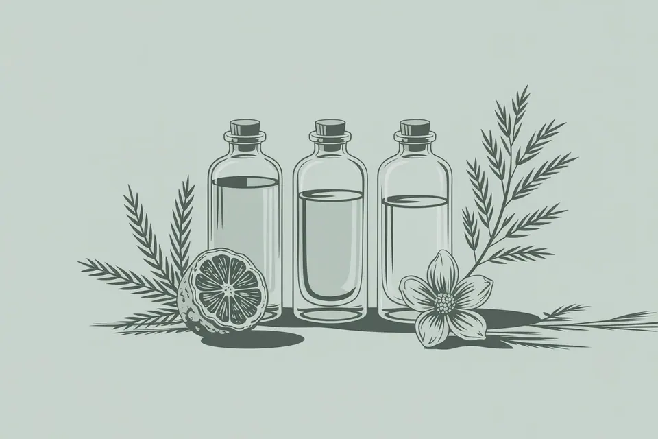 Line-drawn glass bottles surrounded by leafy sprigs, a citrus slice and a flower.